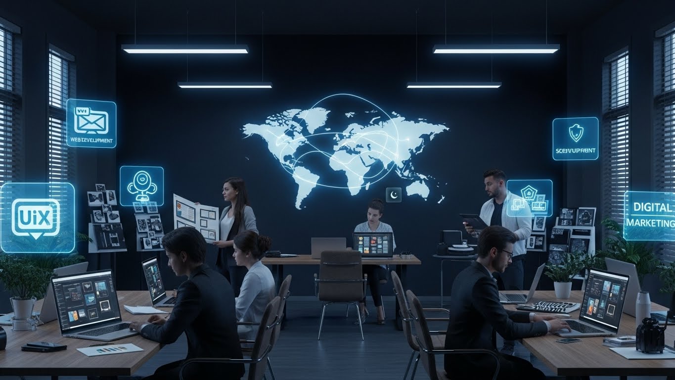 Team at IQC Solutions® digital agency working on web development, UI/UX design, and digital marketing tasks in a modern workspace.