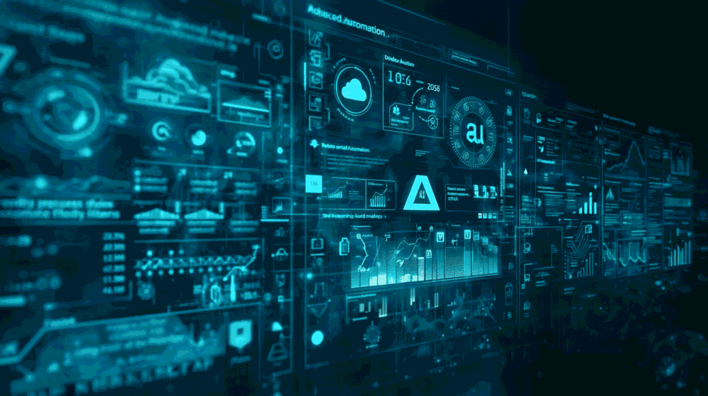 Business automation in 2026 showing AI-driven workflows and cost reduction dashboards