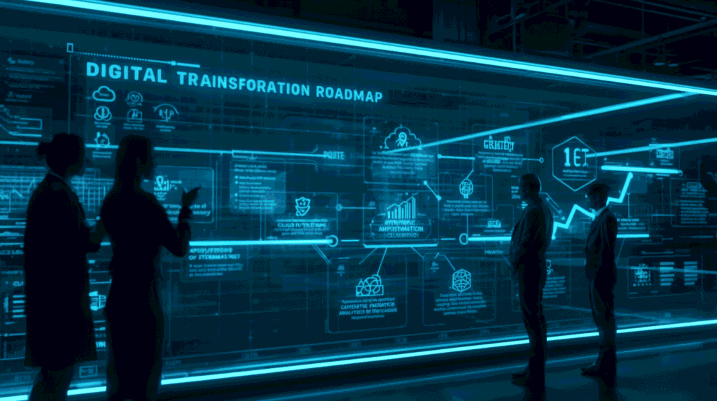 Digital transformation roadmap showing business automation, cloud integration, and AI strategy in 2026