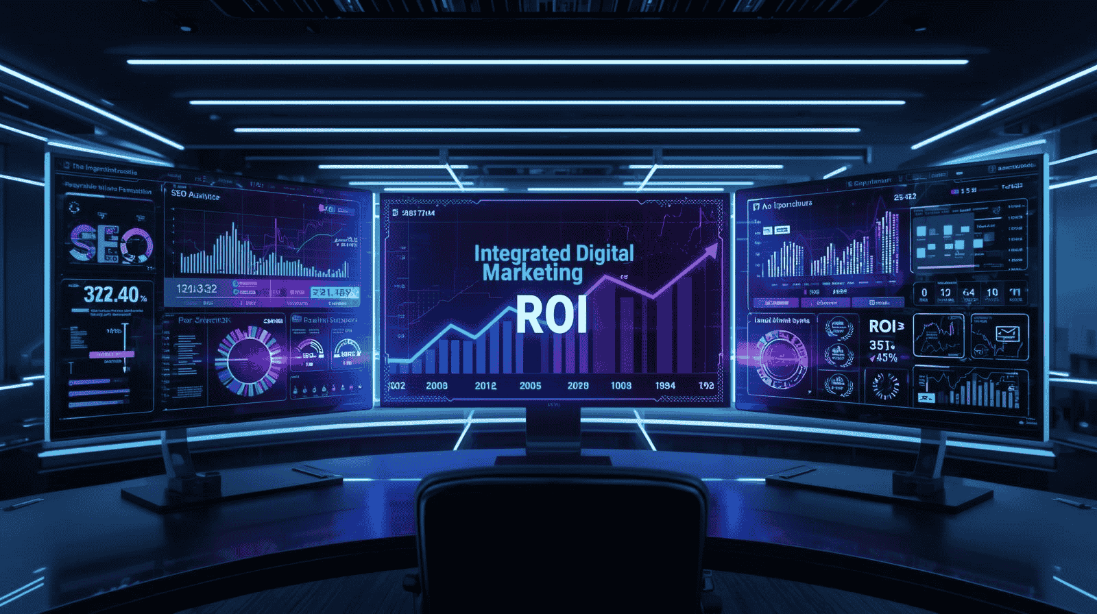 Integrated digital marketing ROI dashboard showing connected SEO, social media, and paid advertising analytics