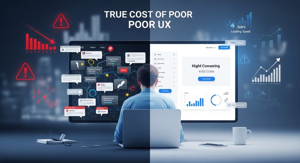 Poor UI/UX cost illustrated with bad website design losing customers and revenue