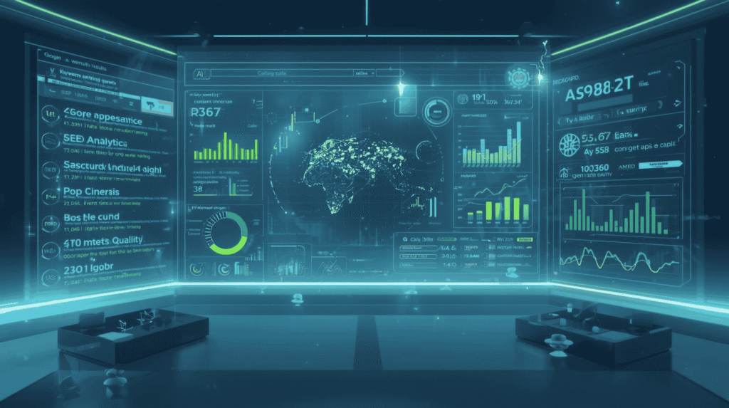 SEO in 2026 showing Google ranking factors, AI-driven search analytics, and content quality signals