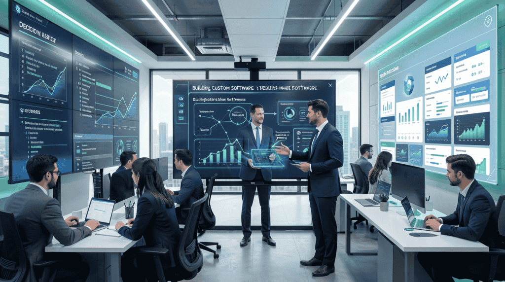 Build vs buy software decision concept showing custom development and SaaS solutions
