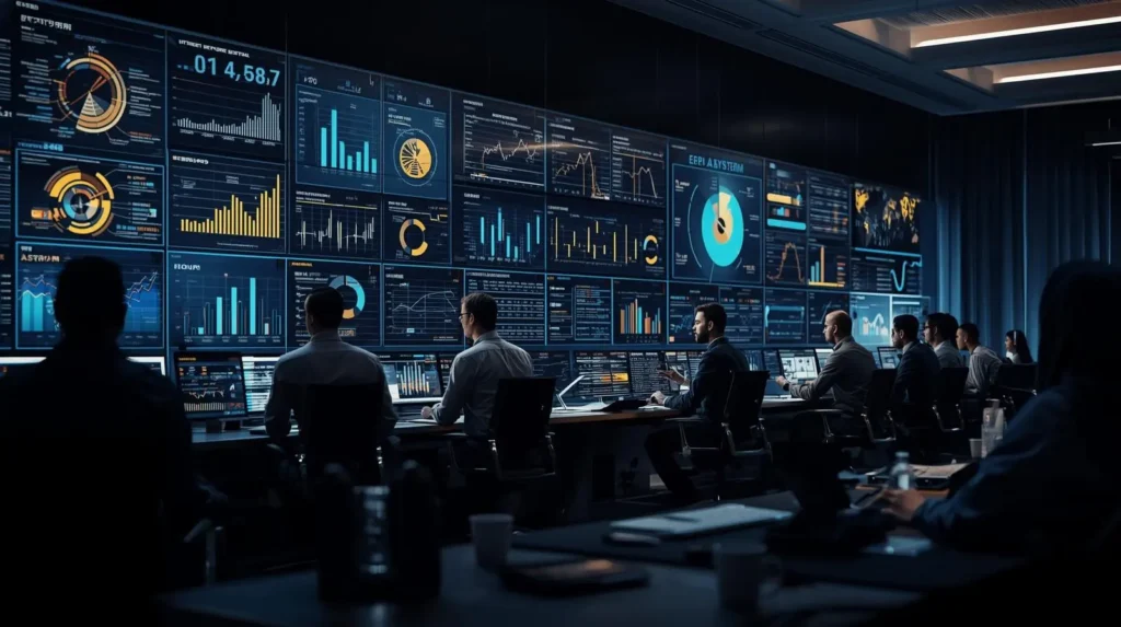 ERP development for businesses showing integrated enterprise management system dashboards.