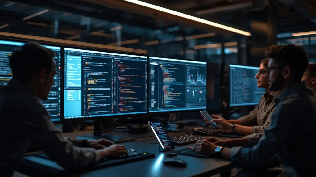 Developers designing a business mobile application and planning development costs in 2026.