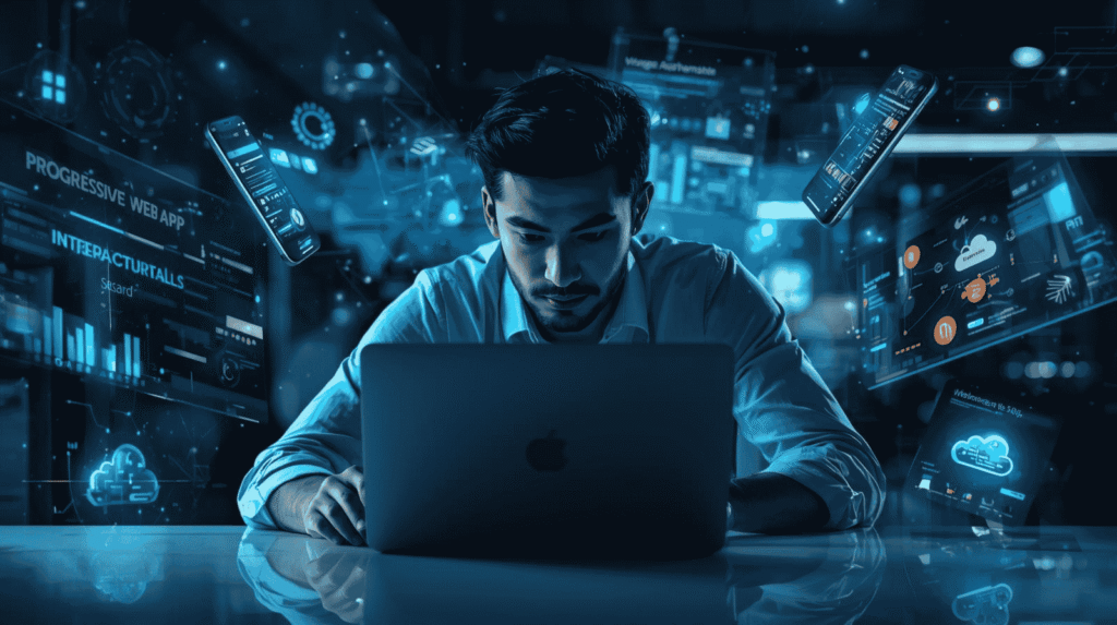 Developer designing a progressive web app illustrating the concept of Progressive Web Apps replacing native apps.