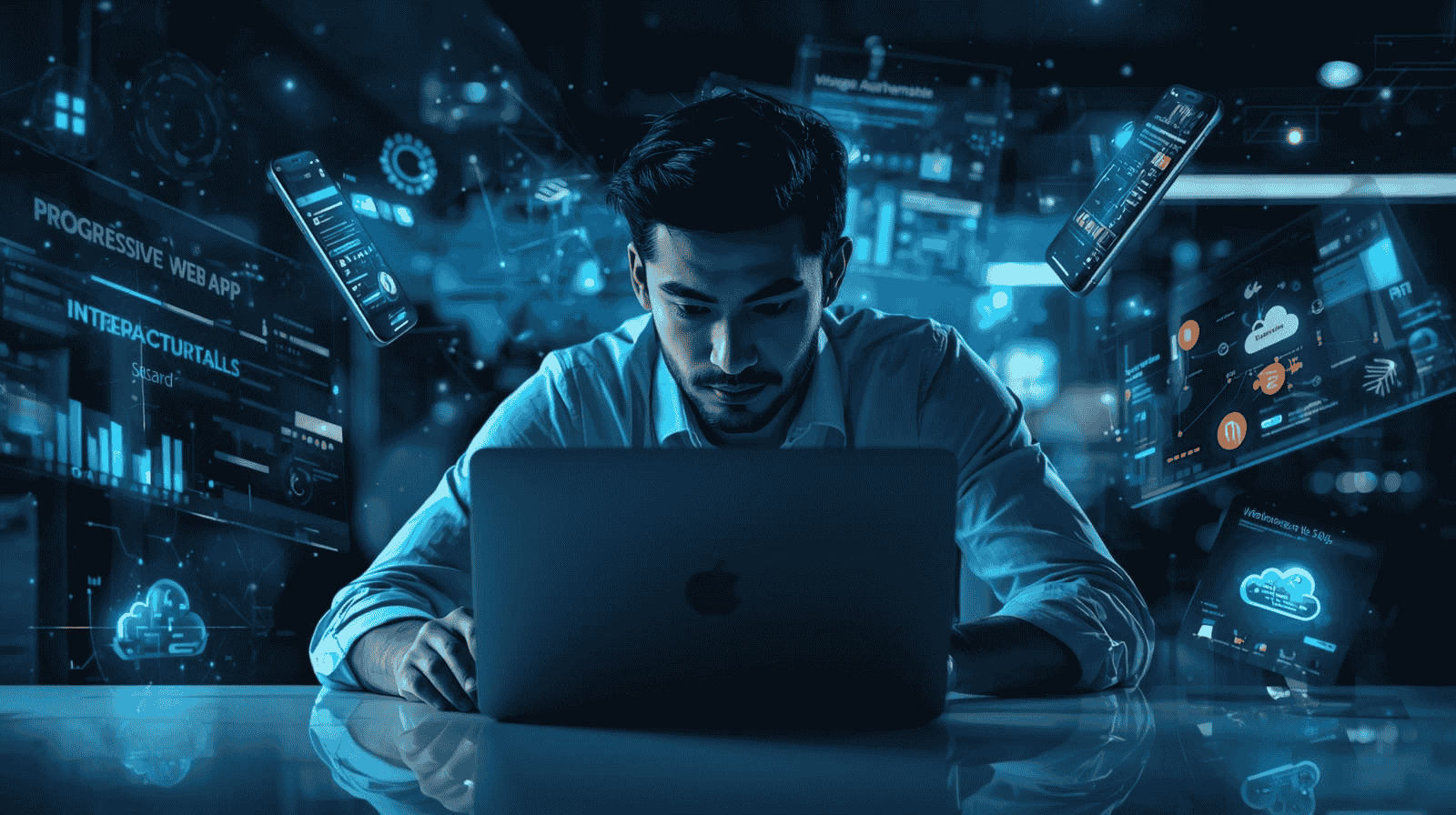 Developer designing a progressive web app illustrating the concept of Progressive Web Apps replacing native apps.