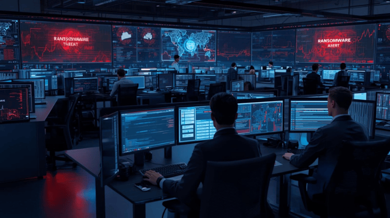 Cybersecurity analysts monitoring ransomware threats in 2026 on security dashboards.
