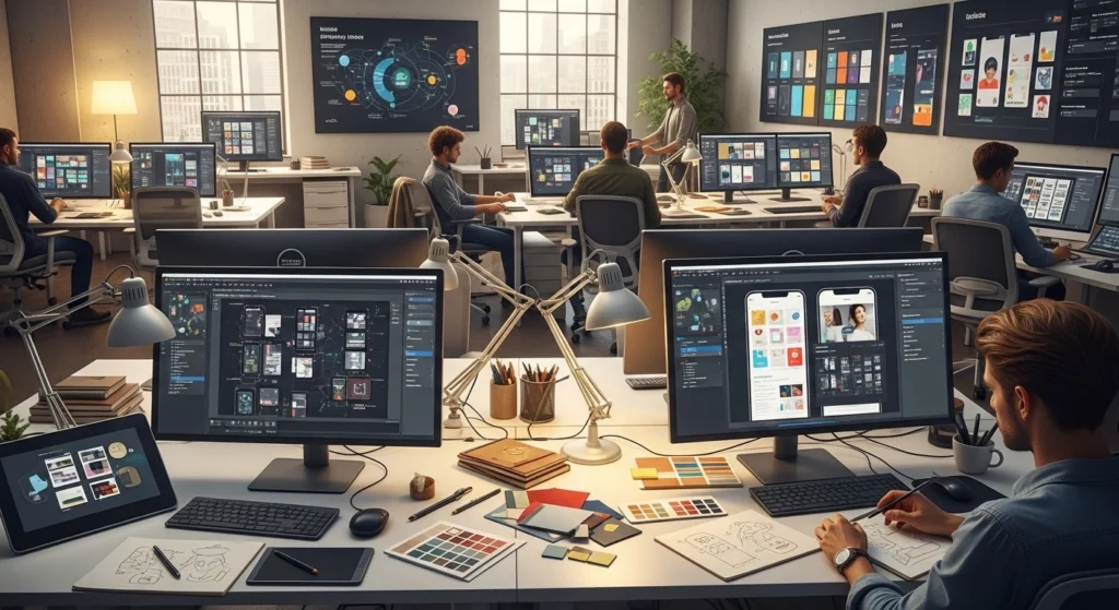 UI/UX design services team creating user-friendly digital interface designs.